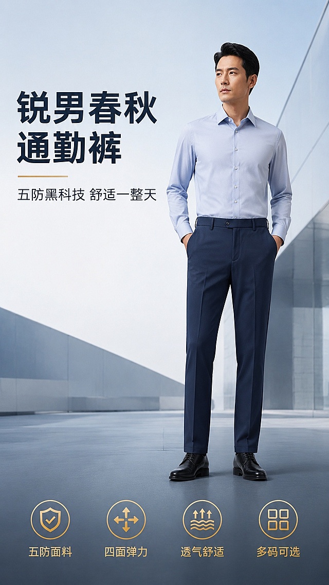 [第1屏] 详情页头图主视觉-锐男春秋通勤裤新品宣传海报。本屏使用【图2】作为商品主体参考，生成亚洲男性模特全身穿搭效果。
[氛围/风格] 商务通勤高级感，都市男性精英气质，商业摄影质感，干净利落。
[元素布局] 亚洲男性模特（30-40岁，商务气质）穿着藏青色通勤裤，搭配浅蓝色衬衫和黑色皮鞋，站在简约都市背景前；模特位于画面右侧，占比约60%；左侧留大面积标题区；背景为渐变浅灰蓝色调，带有简约建筑线条元素；裤子版型、颜色、腰头设计、口袋样式与输入产品图一致，直筒微修身版型清晰可见。
[光影质感] 左侧主柔光照明，右侧辅光补光，自然立体阴影，面料质感细腻有光泽，整体明亮通透。
[配色色系] 全局底色 #E8EEF5；主色藏青 #1A365D；辅助色浅灰蓝、白色；点缀色金色图标。
[视角构图] 正面微侧视角，模特全身入镜，阅读动线左上标题 → 右侧模特 → 底部卖点图标。
[文字版式] 版式为左侧标题 + 右侧模特 + 底部四图标。主标题「锐男春秋通勤裤」，副标题「五防黑科技 舒适一整天」，两行粗黑体左对齐；底部横向排列4个圆形图标+文字：「五防面料」「四面弹力」「透气舒适」「多码可选」；文字不遮挡裤身主体。
[比例分辨率] 9:16 竖版比例，4K分辨率，文字清晰可辨，高清画质。
[负向提示词] 裤型变形，颜色偏差，缺件错件，水印，文字错乱，产品图模糊，背景杂乱，模特面部模糊。