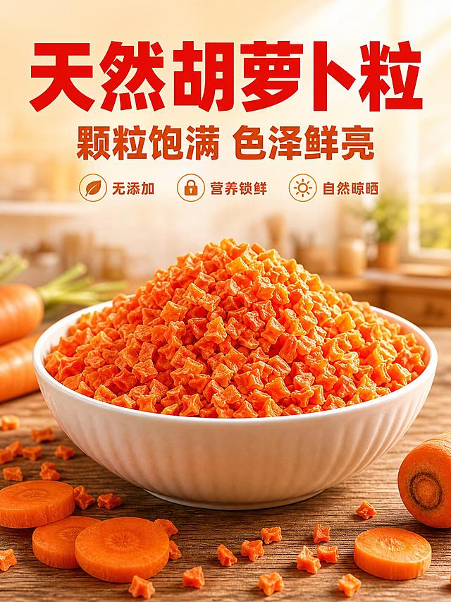 [商品] 使用【图1】脱水胡萝卜粒；保留橙红色不规则颗粒形态、干缩纹理、自然色泽和大小均匀的特点；增强颗粒的立体感和橙红光泽，让每一粒都清晰饱满有质感。
[画面] 目标：食欲氛围头图，吸引注意。上文下图版式，画面上方为标题区，下方为产品主体展示。满满一碗橙红色脱水胡萝卜粒堆成小山状，放在原木餐桌上，胡萝卜粒颗粒饱满均匀，色泽橙红鲜亮，表面有自然的干缩纹理，在暖光照射下呈现通透的光泽感。碗的周围散落一些胡萝卜粒和新鲜胡萝卜切片增加层次感。背景有虚化的厨房场景和暖橙色光晕，营造天然健康的氛围。产品主体占画面约60%。
[视觉] 套系策略：风格=抖音电商高清实拍食欲风；标题字=超粗黑体厚重有力；正文字=中粗黑体清晰易读；主色=橙红色；背景延展=基于橙红色做深浅渐变、暖橙光晕和原木/厨房场景质感；强调色=金黄色，仅用于小面积图标、引线和标签；标题色=大红色；正文色=深橙色；组件=圆角浅橙信息卡、粗引线、简约图标；光影=右上方暖光照射，产品有明亮高光和自然阴影，整体温暖有食欲。
[文字] 画面上方居中主标题"天然胡萝卜粒"超大号超粗黑体大红色，非常醒目；主标题下方副标题"颗粒饱满 色泽鲜亮"大号粗黑体深橙色；副标题下方三个小图标加文字横向排列："无添加"、"营养锁鲜"、"自然晾晒"，文字为中号粗黑体深橙色，配简约圆形图标。文字不遮挡产品主体。
[规格] 图片比例3:4竖版，4K，避免变形、错字、文字过小、冷蓝/蓝灰背景、颜色改变、颗粒失真。禁止出现平台Logo、水印、绝对化用语。