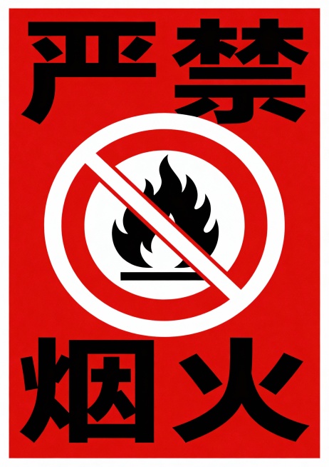 极简红黑风格严禁烟火标示，上下排版，上为“严禁”下为“烟火”，粗体无衬线黑色字体，红色背景，中央白色禁止符号覆盖火焰图案，简洁直观，警示性强预览效果