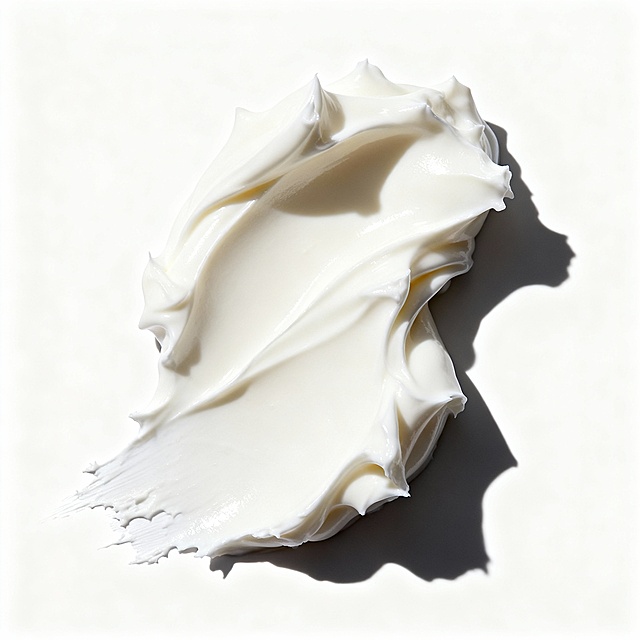 高质感化妆品膏体特写，细腻柔滑的白色膏体呈现出富有动感的立体波浪造型，边缘带有自然的不规则纹理和轻微的拉丝效果，膏体表面光滑有光泽，光线从斜上方照射，形成清晰柔和的阴影，展现出膏体的绵密质地和延展性，背景为纯净的白色，整体画面简洁干净，突出膏体的质感与形态，具有高端护肤品广告的视觉美感和专业摄影的细腻光影效果。