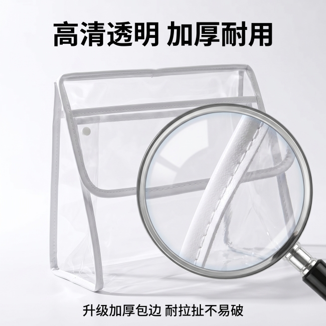 [主图 3] 透明防水挂袋材质细节展示；[氛围风格] 干净清爽，突出材质通透质感；[画质] 商业摄影微距特写，产品细节清晰锐利；[元素] 侧逆光拍摄，放大展示挂袋透明PVC材质和包边走线，放大镜效果突预览效果