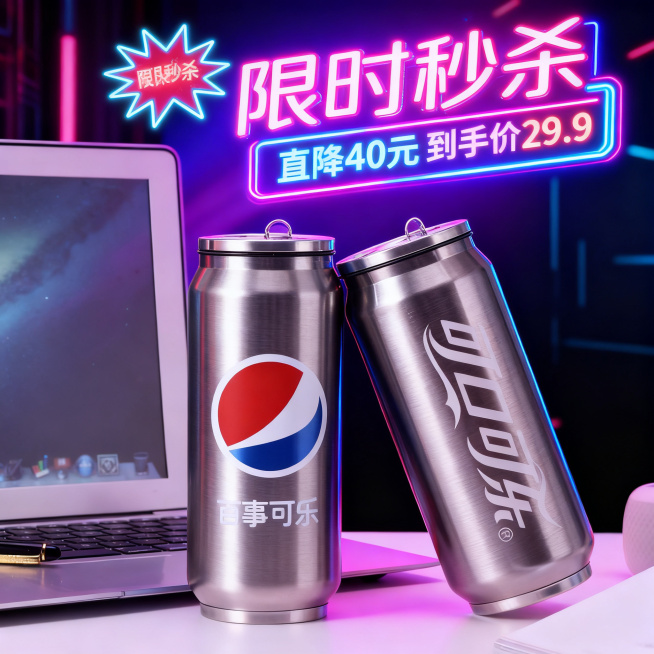 保留红蓝两个易拉罐造型不锈钢保温杯，保留笔记本电脑桌面场景，将背景更换为赛博朋克风渐变光效，添加霓虹发光的“限时秒杀”爆炸标，叠加荧光色价格框，文字内容为“直降 40 元 到手价 29.9”，整体呈现预览效果