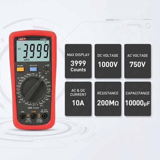 [主图 2] UT39A+ Digital Multimeter full parameter list main image. The product multimeter is placed on预览效果