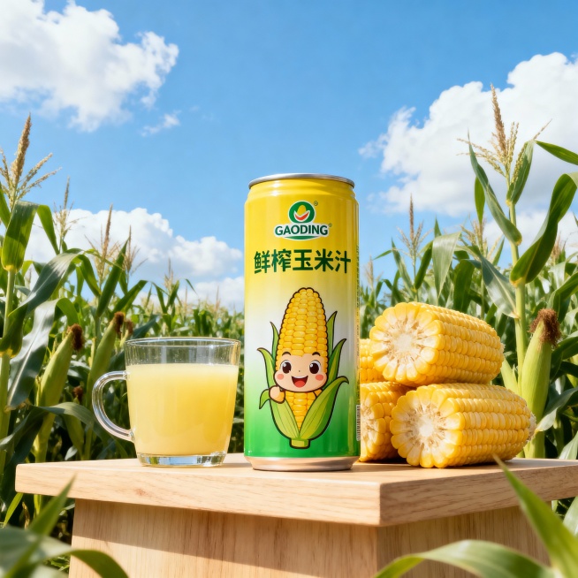 商业产品广告摄影，低角度仰视视角，一罐鲜榨玉米汁饮料易拉罐包装放置在浅木色展台上；包装主色调为黄绿渐变，印有logo"GAODING"和“鲜榨玉米汁”文字及卡通玉米形象；易拉罐包装旁摆放一杯盛有淡黄色预览效果