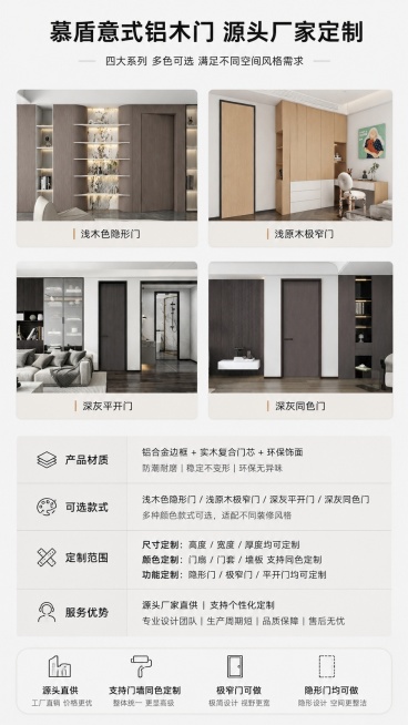 [第10屏] 产品规格信息屏，收尾展示定制服务与源头厂家优势。本屏使用全系列四色产品矩阵展示。
[氛围/风格] 信息总结页，简洁清晰专业，现代设计质感。
[元素布局] 页面上半部分2×2排列展示四款不预览效果