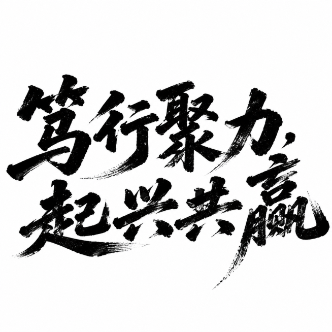将图片中的文字替换为“笃行聚力，起兴共赢”，保留原有的黑色毛笔书法笔触风格，白色背景，保持大气的国潮书法质感预览效果