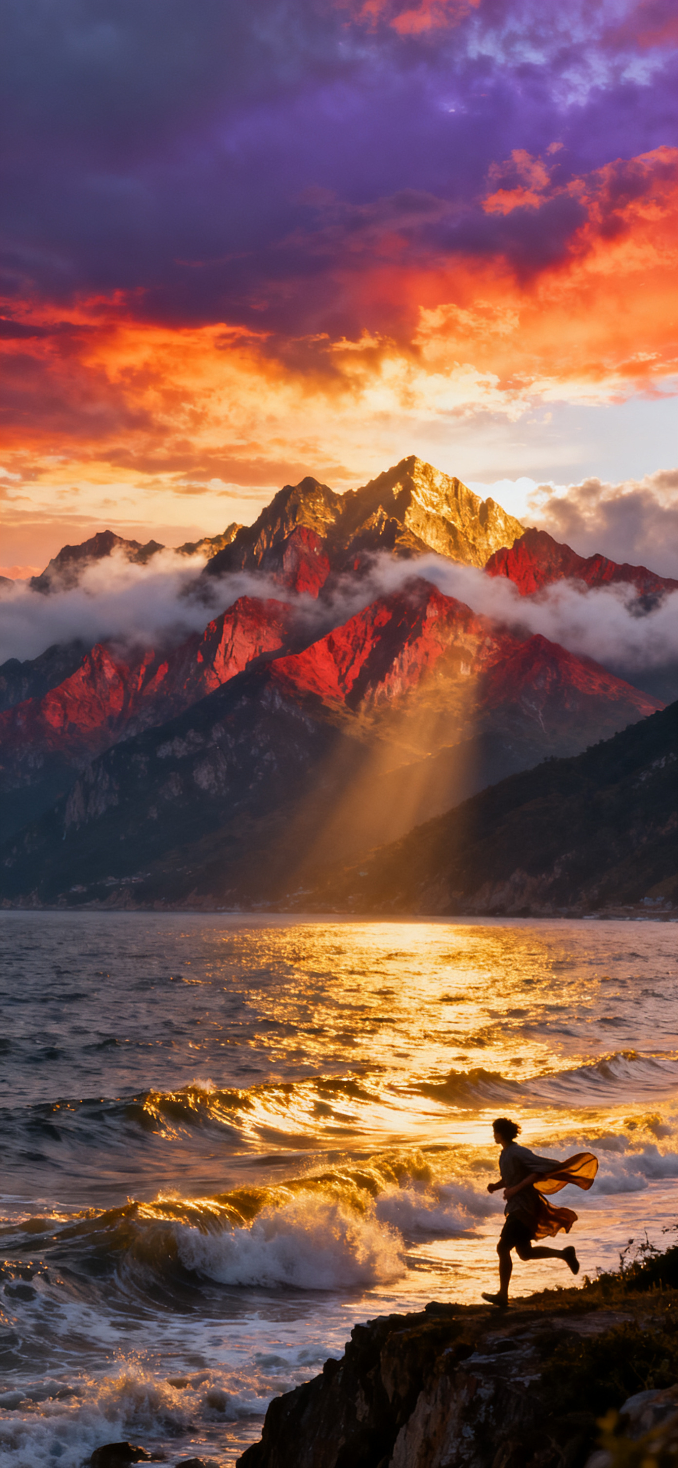 绚烂壮丽的山海风光，远处连绵雄伟的山脉被金色霞光染红，山顶云雾缭 - 图片创意预览
