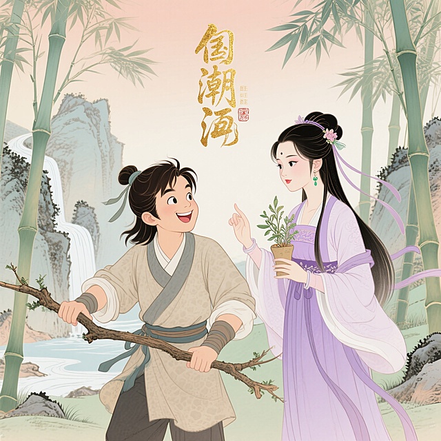 中国武侠风格插画，《绝代双骄》中的小鱼儿与苏樱，小鱼儿穿着粗布衣衫，面带狡黠笑容，手持树枝，苏樱身着淡紫色襦裙，手捧药草，聪慧灵动，两人在竹林间互动，背景有山石流水，整体色调古朴雅致，充满江湖气息