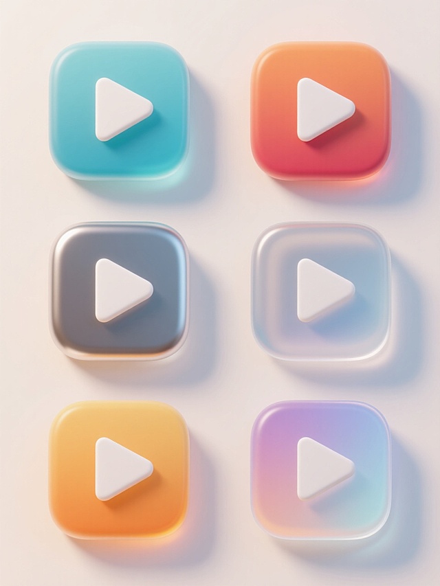 6个不同配色、不同样式、不同材质的「视频播放键」造型，采用上下两行对齐排列，整体呈现3D立体效果，具有光滑渐变的表面质感，柔和的光影过渡，高光与阴影细节丰富，统一使用浅色背景，每个播放键保持圆角方形底座搭配白色三角形播放图标，展现出简约现代的设计风格，色彩鲜明且和谐，材质分别体现出磨砂、金属、玻璃、哑光、半透明和渐变等不同质感，整体构图清晰有序，视觉层级分明，信息传达直接高效。