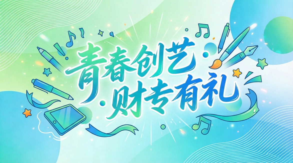 基于现有青蓝渐变圆形线条背景，重新设计主题为“青春创艺·财专有礼”的文创KV主视觉，风格更活泼年轻化，优化主题文字排版，保留原青绿色蓝色渐变和圆形线条元素，增加青春氛围感预览效果