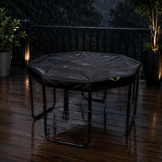 将产品放在雨天露台场景中，添加透明雨丝效果，深色背景，保留沙箱罩和安全绑带细节，不要从上往下的俯视视角，保持高清画质，不要让沙箱下方是透明的罩式露天结构预览效果