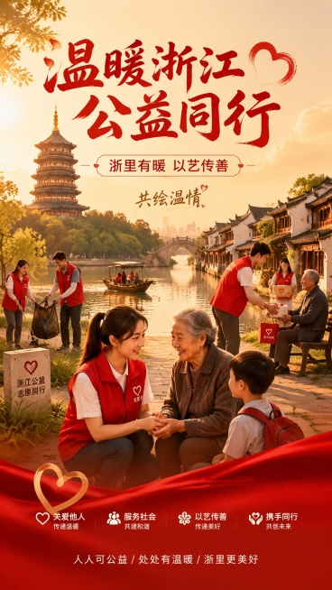 温暖浙江公益同行主题公益海报，写实温情风格，暖色调，构图饱满。画面展示浙江公益场景，突出融入雷峰塔等浙江标志性古建筑，搭配江南水乡景观，志愿者爱心传递，民生温情互动，整体情感真挚，具备公益感染力。画面预览效果