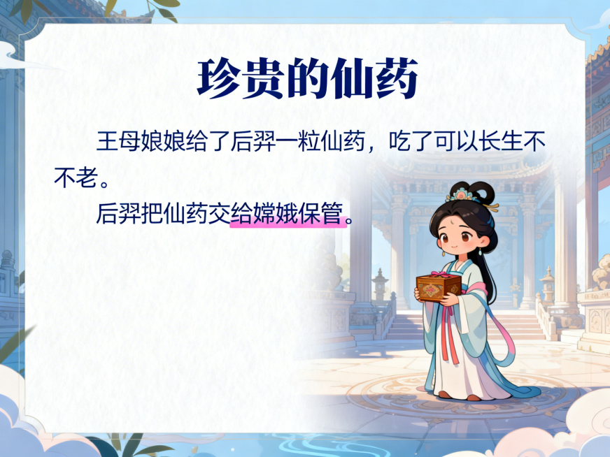 PPT情节页，标题"珍贵的仙药"，正文内容："王母娘娘给了后羿一粒仙药，吃了可以长生不老。后羿把仙药交给嫦娥保管。"，配图是卡通嫦娥抱着仙药盒站在仙气宫殿中，关键词"珍贵""守护"用粉色点缀，大字号文预览效果