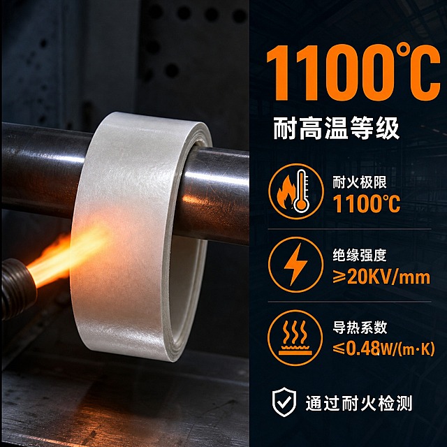 [主图-2] 合成云母带 耐高温1100度核心性能证明。
[统一基调] 工业专业感 B端源头工厂风 高清自然 不做过度精修 保持产品真实材质质感 浅灰白冷色系 中文文案 简洁大气。
[画面] 画面采用左右分栏结构 左侧约60%为耐高温性能测试场景 展示合成云母带在高温火焰环境下的状态 明火橙红色 云母带包裹在金属件上不燃烧 不变形 真实工业测试感 右侧约40%为性能数据区 顶部大号数字"1100°C" 非常醒目 下方标题"耐高温等级" 再下方三个性能指标 分别为"耐火极限""绝缘强度""导热系数" 每个指标配图标和数值 底部有"通过耐火检测"字样 背景为深灰蓝色工业背景 突出专业感。
[光影质感] 测试场景有真实火焰光照效果 暖光与冷色背景形成对比 产品部分光影自然 数据区光线均匀清晰 整体工业测试氛围 不做夸张特效。
[配色] 深灰蓝色主背景 橙红色火焰 白色产品 白色和橙色文字 橙色强调核心数据1100°C 整体深色专业感。
[文字版式] 右侧顶部"1100°C" 超大号橙色粗体字 非常醒目 下方"耐高温等级" 白色中号字 三个性能指标纵向排列 图标+指标名+数值 底部"通过耐火检测" 白色小号字 配小对勾图标。
[输出要求] 1:1正方形 2048x2048 高清 场景真实 产品形态准确 文字清晰可读 无变形 无错字 无模糊 无水印 无平台Logo
