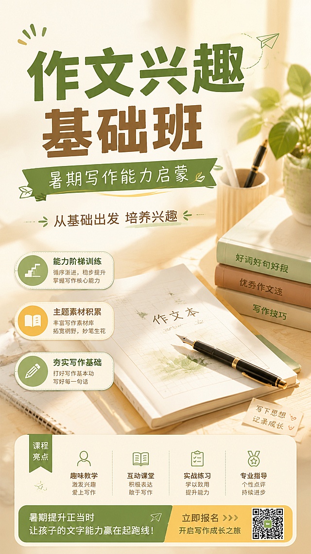 设计一张清新专业的作文兴趣基础班暑期课程招生海报，主标题为"作文兴趣基础班"，副标题为"暑期写作能力启蒙"，装饰文案为"从基础出发 培养兴趣"，卖点标签为"能力阶梯训练"、"主题素材积累"、"夯实写作基础"，整体风格清新舒适，采用暖米色学习场景背景，搭配作文本、钢笔等写作元素，排版分区清晰，文字醒目易读，版式精美，9:16竖版构图。