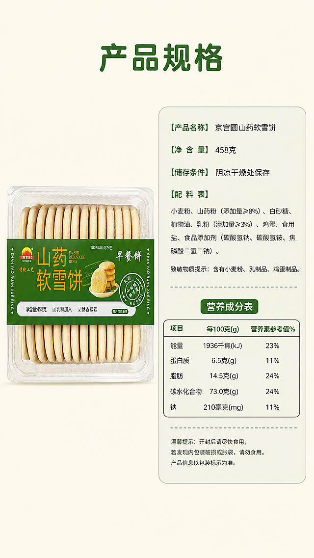 「图片1」，生成一套详情页（6张），商品名称是京宫圆山药软雪饼，适配淘宝/天猫平台，详情页比例为9:16