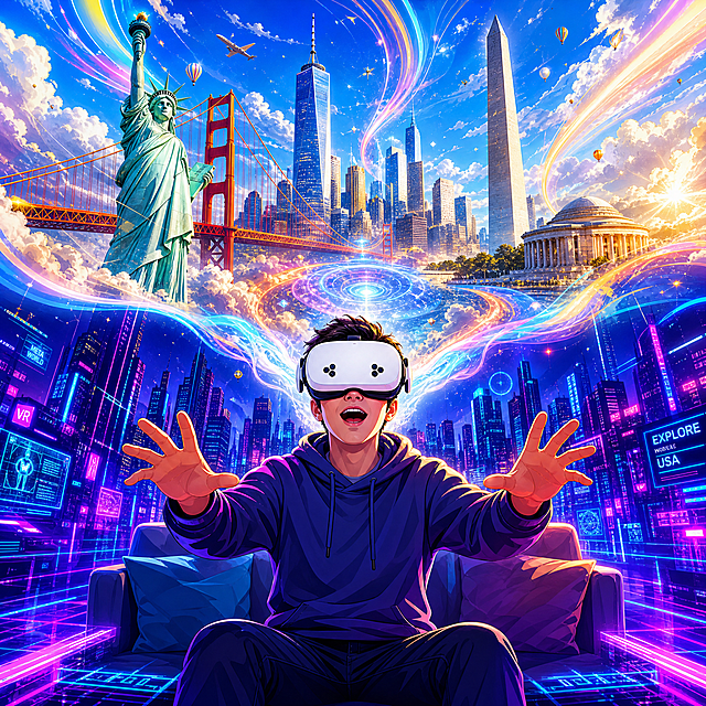 高饱和漫画插画风，潮流商业海报VR广告图。一位年轻用户坐在画面中央偏下的沙发上，身体正对观众，头戴白色VR眼镜，双手微微抬起，呈现正在沉浸体验中的惊喜与互动状态。VR眼镜清晰露出白色前脸、黑色头带与侧边结构，明确识别为VR产品。画面上半部分表现通过VR看到的世界，从头显方向外延伸展出彩色光带、空间波纹和梦幻能量流，承载多个美国标志性建筑，自由女神像、金门大桥、纽约天际线、华盛顿纪念碑，形成从头显中展开的宏大旅行探索世界，整体有明亮天空、发光圆心、梦幻云层和轻微粒子感，传达戴上眼镜，世界在眼前展开的概念。画面下半部分表现赛博朋克风未来城市，沙发下方与左右两侧延展出紫蓝色霓虹高楼、电子网格地面、发光窗格、数字感线条和未来城市轮廓，主角仿佛坐在一个连接现实与虚拟世界的能量平台上。以VR头显为核心，通过彩色流动光带和能量线条自然连接上下部分，让美国标志性建筑世界和赛博朋克未来城市成为同一个沉浸VR宇宙中的不同层级。上半部分偏明亮天空蓝、金黄和彩虹光带，下半部分偏深紫、电蓝、洋红和霓虹青，突出世界展开感与未来科技感，高饱和色彩，漫画插画风格，潮流商业海报，1:1构图