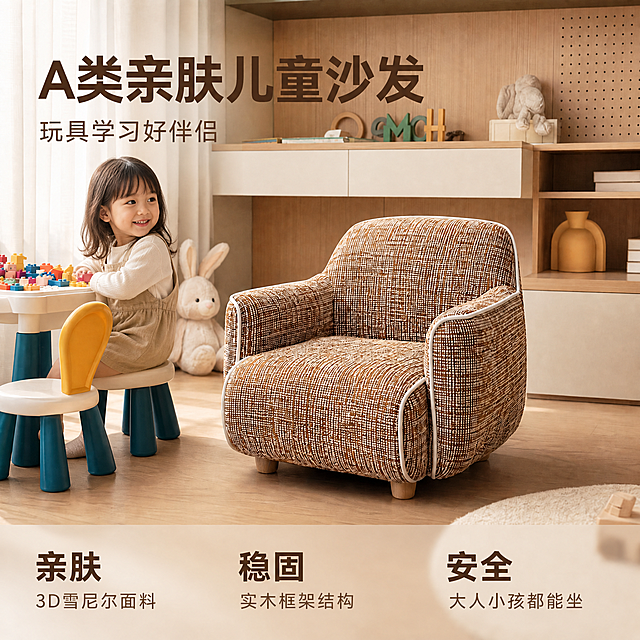 [主图5焕新] 在原有浅棕色儿童沙发场景基础上，添加一名可爱小朋友坐在旁边积木桌旁，偶尔回头看向沙发，丰富儿童房使用场景，体现儿童沙发是玩具学习好伴侣的卖点。保持原有沙发位置、标题文案、底部卖点文字和整体构图不变，背景软装不变，光线保持温馨午后自然光，文字清晰不被遮挡。1:1比例，超高清商业摄影质感。负向提示：变形，文字错乱，遮挡沙发主体，改变原有文案位置，水印
