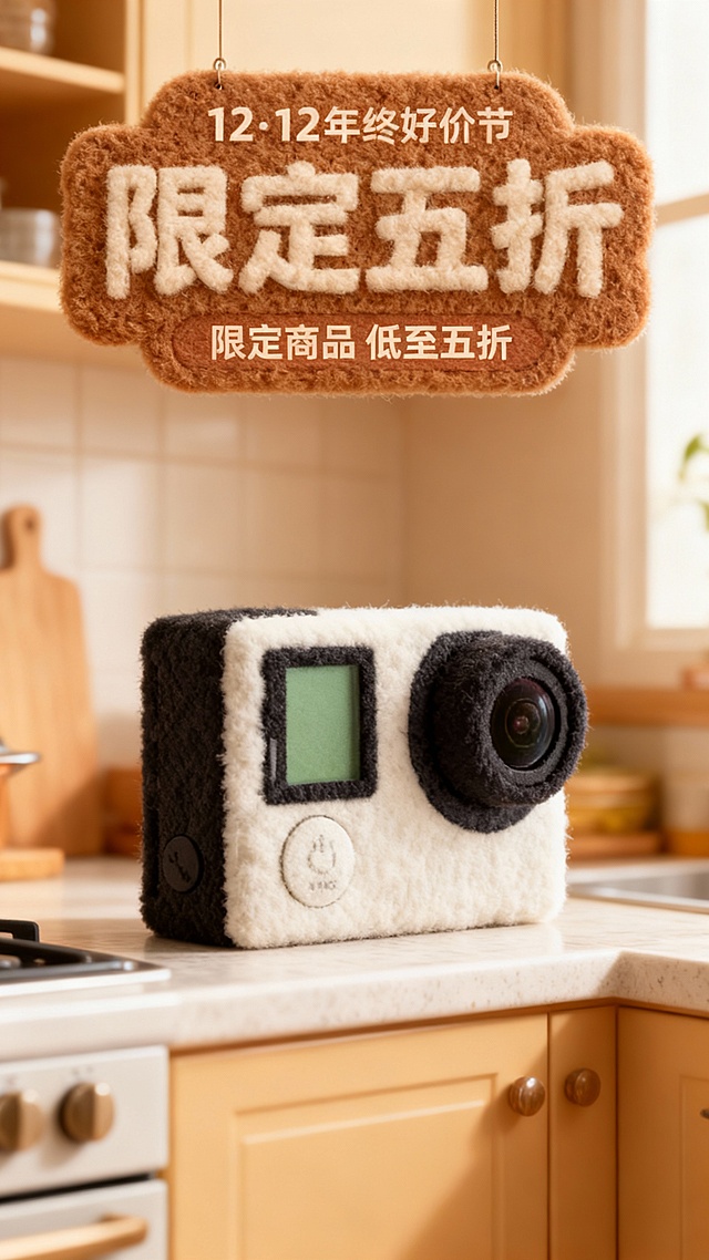 将图示商品变成毛绒绒质感，还原商品颜色细节。将商品放在暖色温馨的厨房操作台上，画面上方棕色毛绒艺术字牌“12·12 年终好价节”“限定商品 低至五折”装饰。