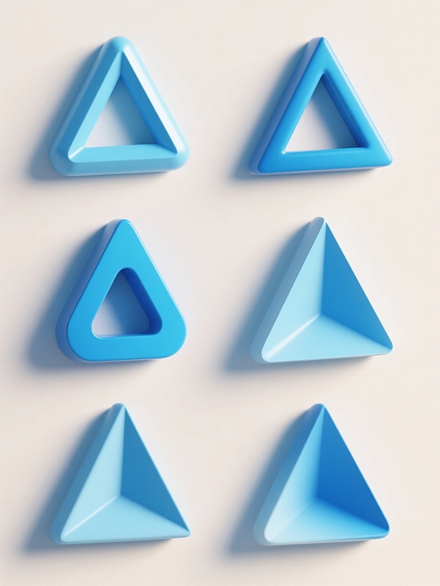 6个不同样式、不同材质、不同角度的3D三角形几何形状元素，排列为上下两行且对齐，采用浅色背景，整体呈现简约现代的3D设计风格，三角形具有光滑圆润的边缘处理，主色调为明亮的蓝色系，光影效果柔和自然，高光与阴影过渡平滑，展现出细腻的3D体积感与立体感，每个三角形在保持整体统一性的同时各具特色，材质质感丰富多样，构图简洁大气，视觉层级清晰，符合现代图形设计的审美需求。