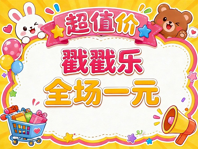 保持整体卡通明亮风格和边框设计不变，将价格牌中间的文字替换为"戳戳乐 全场一元"，字体醒目，尺寸比例为4:3
