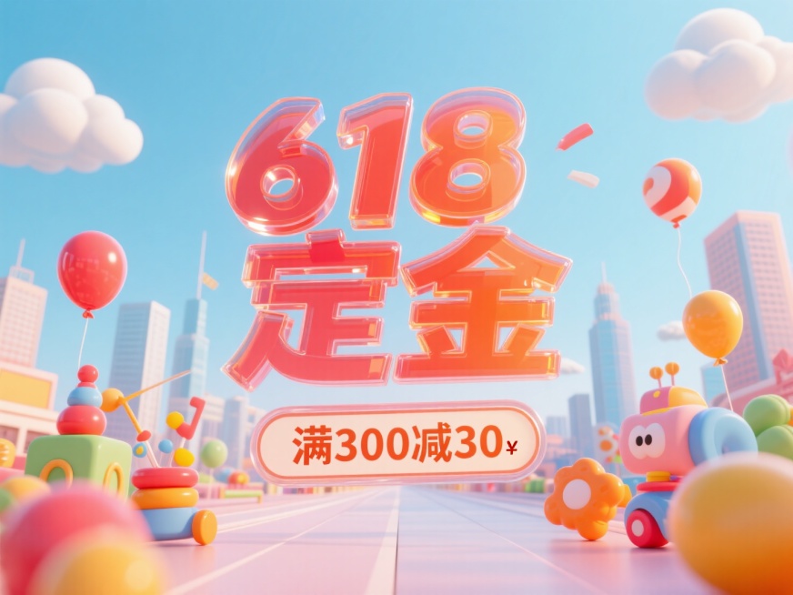 活泼明亮的红色或者橙色卡通三维风格，搭配透明色亚克力材质，营造出节日促销快乐等氛围，在画面的中心有标题“618定金”，下方促销小字“满300减30"，圆角矩形边框，周围环绕着各种玩具、气球等节日元素，预览效果