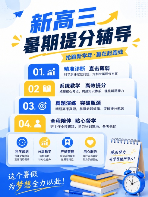 参考图片的蓝黄配色、文案密度和清新教育风格，制作新高三暑期提分辅导海报，采用阶梯式布局，主标题和卖点从上到下逐级排列，底部放置装饰，和参考图布局不同，保持文案密度适中，3:4比例，蓝黄配色，画面高清，预览效果