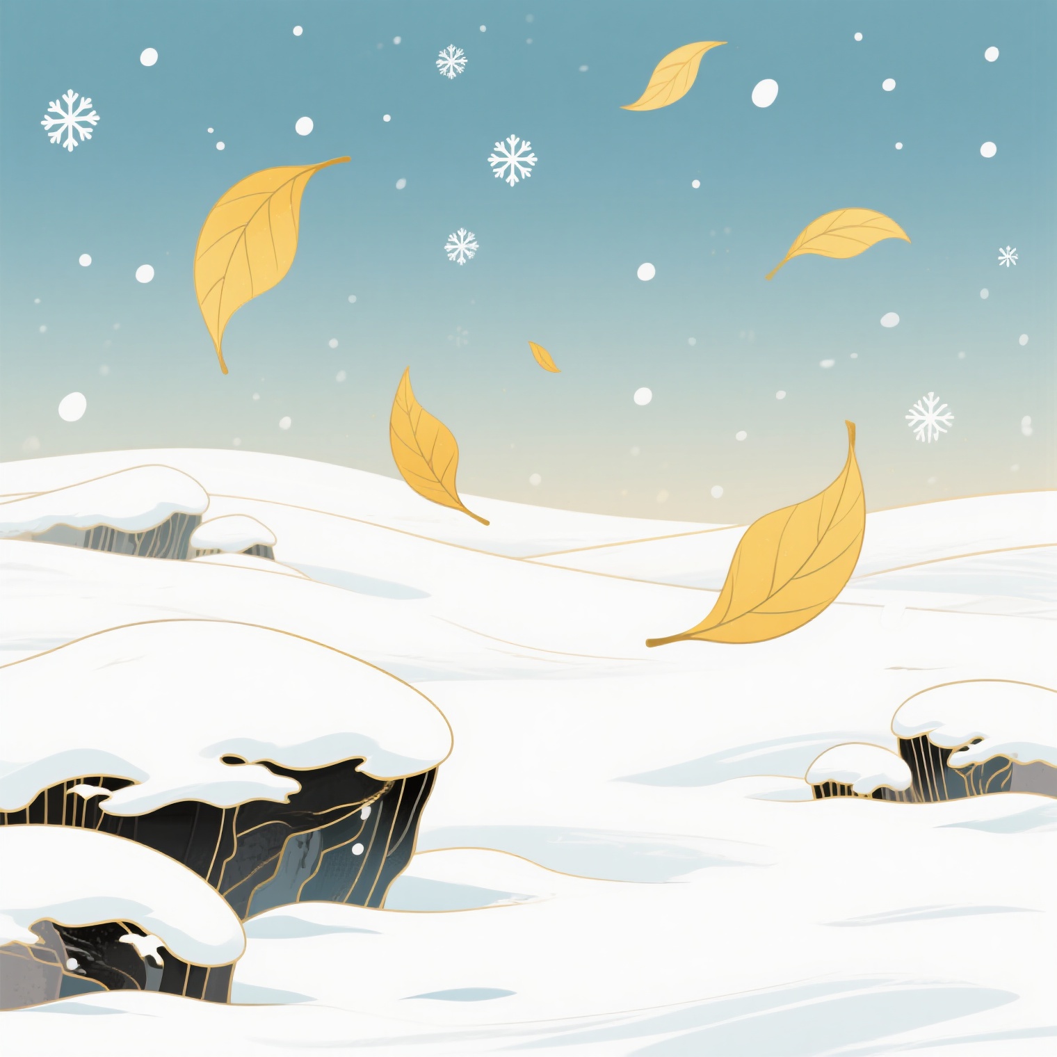 冬天雪地场景，地面覆盖着厚厚的白雪，雪花从空中缓缓飘落，几片黄… - 图片创意预览