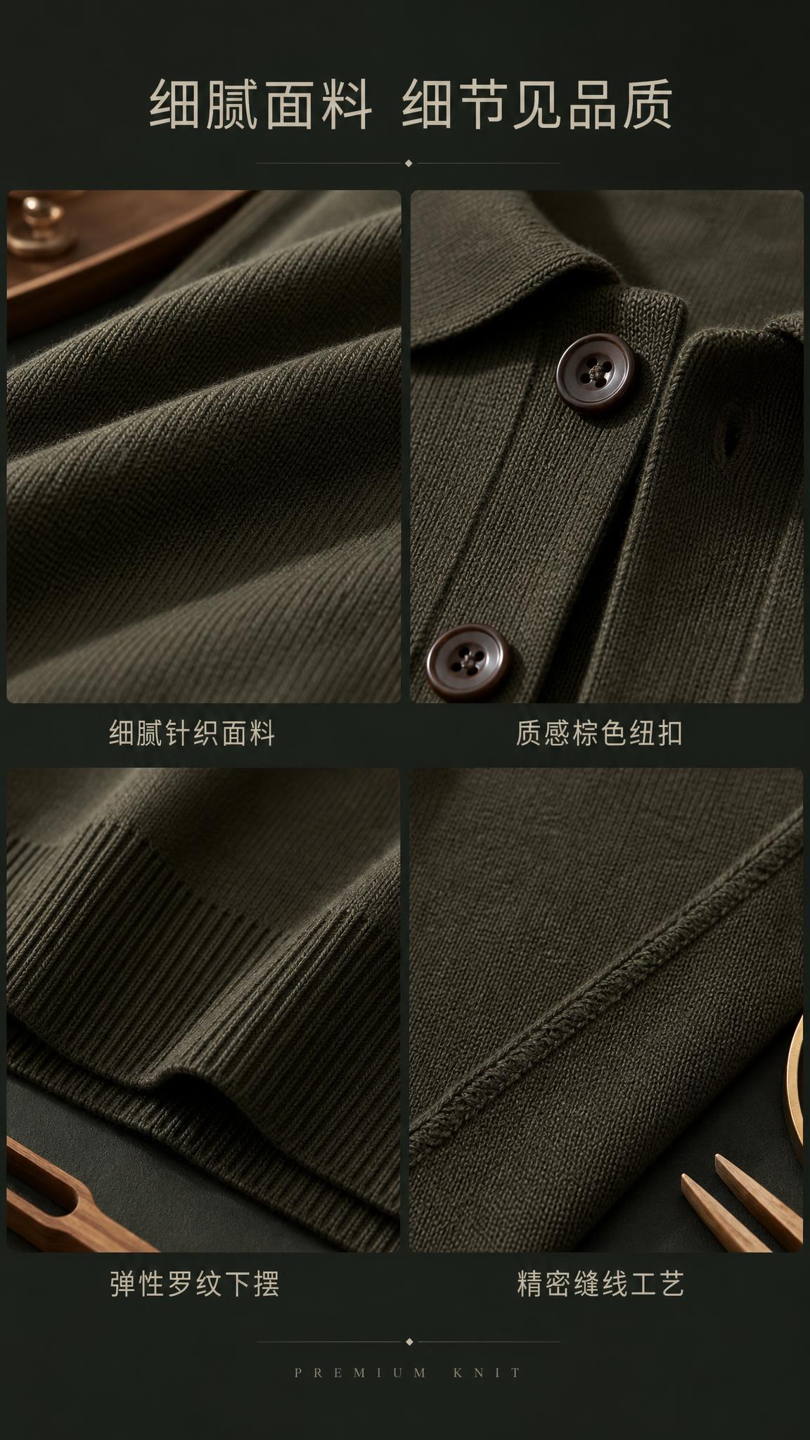 [第3张] 详情页面料与细节-墨绿色翻领针织开衫面料与细节特写… - 图片创意预览