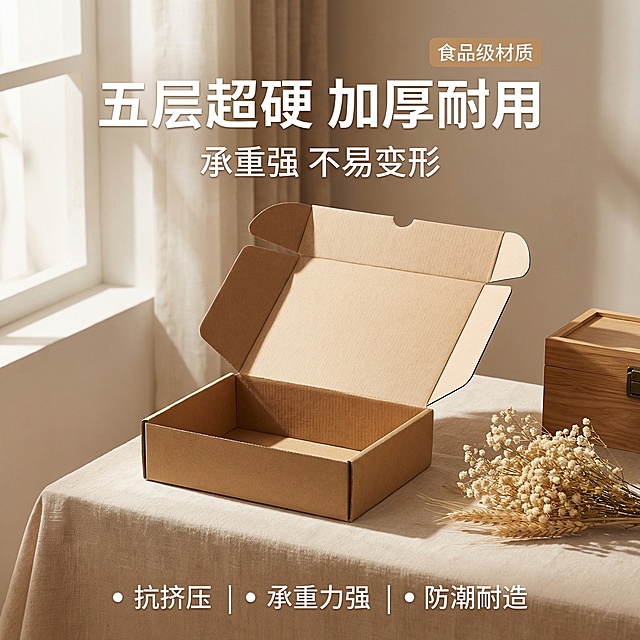基于提供的牛皮纸飞机盒图片，生成温馨家居风格主图首图，纸箱放置在铺有米白色棉麻桌布的家居桌面上，旁边搭配浅色干花小束和小型木质收纳盒，柔和的窗边自然光洒在纸箱上，光影柔和自然。画面文字：主标题“五层超硬 加厚耐用”，副标题“承重强 不易变形”，右上角浅棕底白字标签“食品级材质”，底部三个卖点“抗挤压 | 承重力强 | 防潮耐造”，文字为无衬线米白色，悬浮在画面负空间，不遮挡产品主体，整体风格舒适简约，适配淘宝天猫平台。
