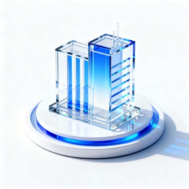 建筑图标，蓝色白色渐变，白色背景，圆形的底座，OC渲染，C4D，工业风玻璃质感的立体效果，科技感预览效果