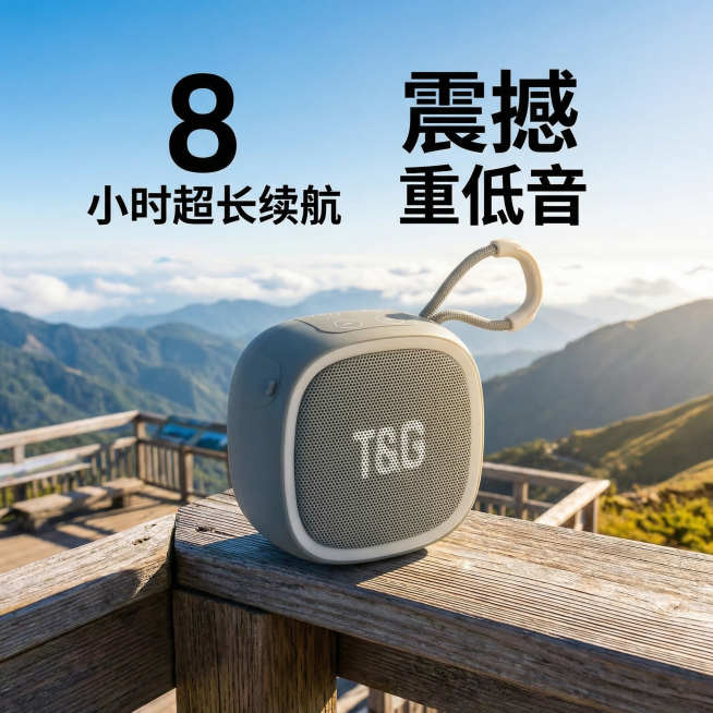 [主图 4] 续航与音质卖点展示
[氛围风格] 户外徒步氛围，活力阳光
[画面元素] 商业摄影质感、光线柔和通透、产品清晰真实、画面干净高级。蓝牙音箱放置在山顶观景台，背景开阔山景，突出产品在户外长时预览效果