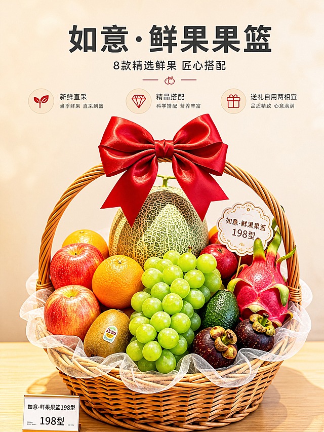 [商品] 使用【图1】如意-鲜果果篮；商品处理：保留精品藤编果篮结构、红色大蝴蝶结、白色网纱内衬、篮内各类水果的形态、颜色、纹理和摆放层次；保留果篮标签上的"如意-鲜果果篮"文字；自然增强水果新鲜度光泽，去除任何瑕疵，保持果篮整体丰盛饱满的视觉效果。
[画面] 目标：食欲氛围头图，展示果篮全貌与整体高级质感。构图：居中偏下放置果篮主体，果篮占画面约65%，上方留白放标题文字。景别：中景全景，完整展示藤编篮提手、蝴蝶结和篮内全部水果。前中后景：前景浅木桌面带柔和投影，中景果篮主体，后景浅米色渐变背景虚化。阅读动线：从上至下，先看标题再看产品。
[视觉] 套系策略：风格=清新自然高级商业摄影；标题字=现代简约无衬线粗体；正文字=简洁无衬线体；主色=暖米杏；背景延展=基于暖米杏做深浅层级渐变、细腻纸张质感；强调色=鲜果红/绿，仅用于小面积图标、引线和标签点缀；标题色=深炭灰；正文色=中暖灰；组件=圆角浅底信息卡、细线引线、水果小图标；光影=左前侧暖柔光，水果表面带自然高光和水珠感。
[文字] 上方居中主标题"如意·鲜果果篮"，副标题"8款精选鲜果 匠心搭配"，下方配3个短卖点图标文字："新鲜直采""精品搭配""送礼自用两相宜"。文字区不遮挡果篮主体和蝴蝶结。
[规格] 图片宽度750px，高度1000px（比例3:4），4K分辨率，避免变形、错字、文字过小、冷蓝背景、水果颜色失真、节日元素、圣诞/春节装饰。