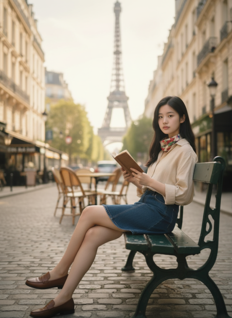 图片中的女生在巴黎街头的长椅上，衣服换成法式穿搭预览效果