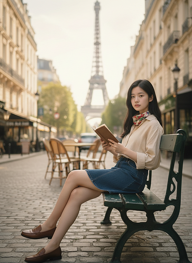 图片中的女生在巴黎街头的长椅上，衣服换成法式穿搭