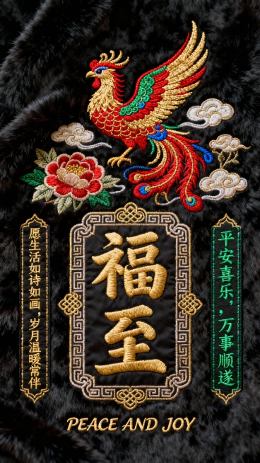 一张以深黑色毛绒材质为背景的中国传统刺绣风格海报，毛绒质感细腻柔软，带有自然的光泽和纹理。画面中央是一只色彩华丽的刺绣凤凰，主体羽毛以鲜艳的红色和金色为主色调，点缀翠绿和宝蓝色的细节，凤凰昂首展翅，姿态优雅灵动，周围环绕着祥云和牡丹刺绣图案。海报中央下方是金色立体刺绣的“福至”二字，字体饱满有力，带有传统书法韵味，“福”字周围装饰有回纹和如意纹刺绣边框。左侧竖排绣有金色文字“愿生活如诗如画，岁……预览效果