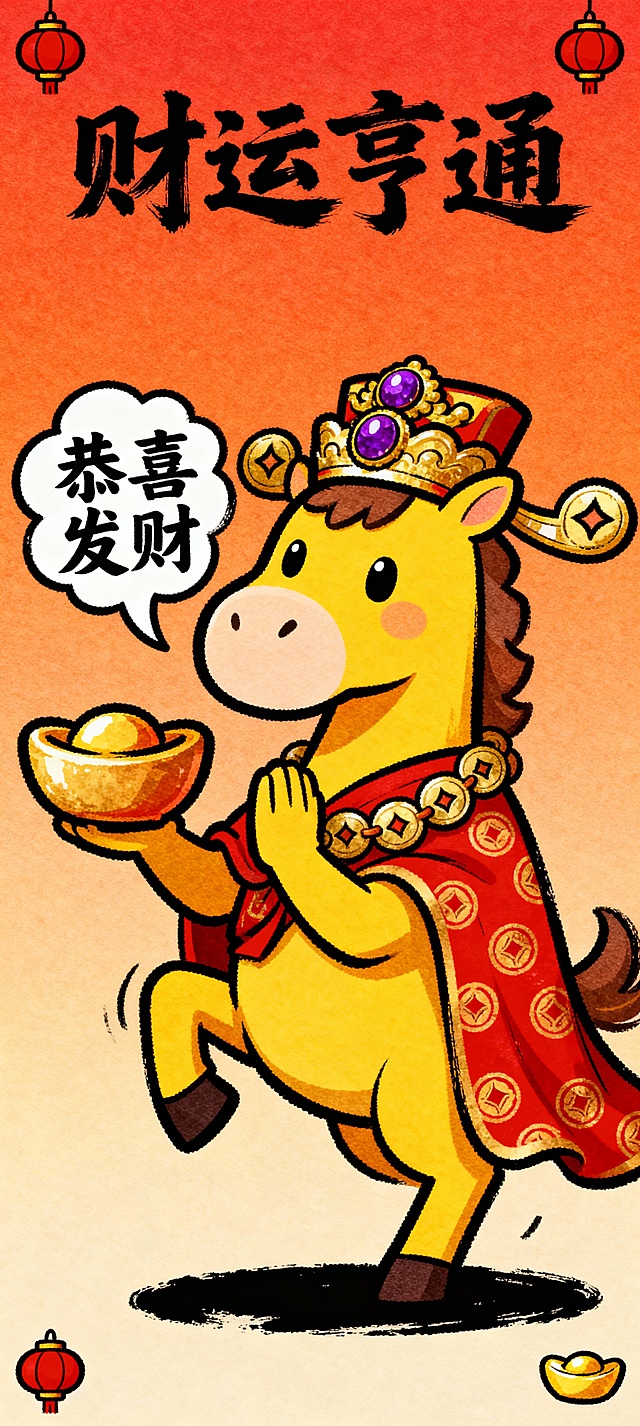 卡通潮酷手绘风格，Q 版 “马财神” 形象，整体为黄色主体，头戴镶玛瑙的紫金财神冠，身披印满铜钱串纹样的红色绸缎披风，一只蹄子托举聚宝盆，另一只蹄子比出 “招财进宝” 的作揖手势；形象旁带云朵状对话框，框内写 “恭喜发财”；背景为渐变橙红色，画面顶部用毛笔书法艺术字写 “财运亨通” 四字；画面四角点缀红色小灯笼和金色元宝装饰元素；整体线条粗犷有手绘质感，红金双色撞色鲜明，充满新年传统喜庆氛围，突出 Money God（财神）的招财属性。