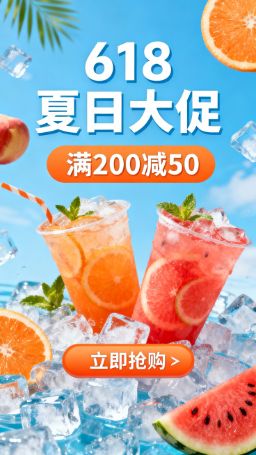 设计一个618夏日大促的宣传H5首页，整体风格清爽夏日风，主色调为蓝色和橘色搭配，画面顶部放置醒目的大标题"618夏日大促"，中部突出满减优惠信息，底部有抢购按钮，背景用冰饮、西瓜等夏日元素点缀，整体预览效果