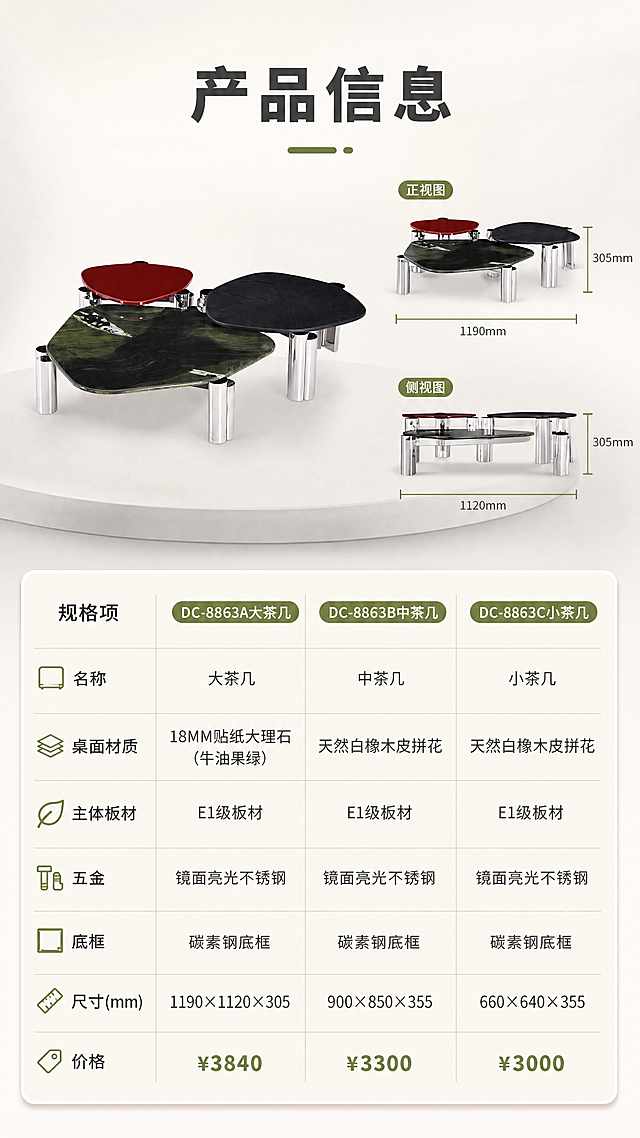 [商品] 使用【图1】DC-8863系列大茶几正视图；保留桌面轮廓、不锈钢脚、整体结构；商品处理：茶几结构清晰，作为参数页产品示意，不改变任何结构比例。
[画面] 目标：产品信息参数页，完整规格收口。构图：上下分区型，上半区约2/5为茶几正/侧视示意，下半区约3/5为参数表格。主体：大茶几45°视角作为产品示意。景别：中景。前中后景：前景茶几主体，中景浅灰色地台，后景纯白渐变背景。
[视觉] 套系策略：风格=现代轻奢亮调家居商业摄影；标题字=现代无衬线粗体（思源黑体Heavy）；正文字=简洁无衬线体（思源黑体Regular）；主色=米白+浅灰；背景延展=基于米白浅灰做深浅层级、同色渐变和细腻哑光墙面质感；强调色=牛油果绿，仅用于小面积图标、引线和标签；标题色=深炭灰；正文色=中暖灰；组件=圆角浅底信息卡、细线引线、数字序号胶囊；光影=正上方柔光，产品均匀受光。
[文字] 顶部标题：「产品信息」（4字）。下半区参数表分三列对比三款：
| 规格项 | DC-8863A大茶几 | DC-8863B中茶几 | DC-8863C小茶几 |
| 名称 | 大茶几 | 中茶几 | 小茶几 |
| 桌面材质 | 18MM贴纸大理石(牛油果绿) | 天然白橡木皮拼花 | 天然白橡木皮拼花 |
| 主体板材 | E1级板材 | E1级板材 | E1级板材 |
| 五金 | 镜面亮光不锈钢 | 镜面亮光不锈钢 | 镜面亮光不锈钢 |
| 底框 | 碳素钢底框 | 碳素钢底框 | 碳素钢底框 |
| 尺寸(mm) | 1190×1120×305 | 900×850×355 | 660×640×355 |
| 价格 | ¥3840 | ¥3300 | ¥3000 |
表格清晰易读，手机端可辨。
[规格] 图片比例9:16竖版，4K分辨率，负向提示：避免变形、错字、文字过小、暗黑色调、冷蓝背景、参数错误、表格模糊。
