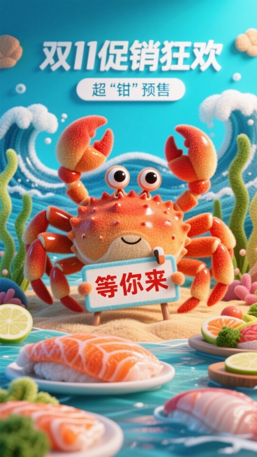 以卡通帝王蟹形象为核心，搭配生鲜美食，背景墙有海浪、海草元素，钳子夹着牌子上面写“等你来”，背景墙上有文字“双11促销狂欢”，下面有设计感字体“超“钳”预售”预览效果