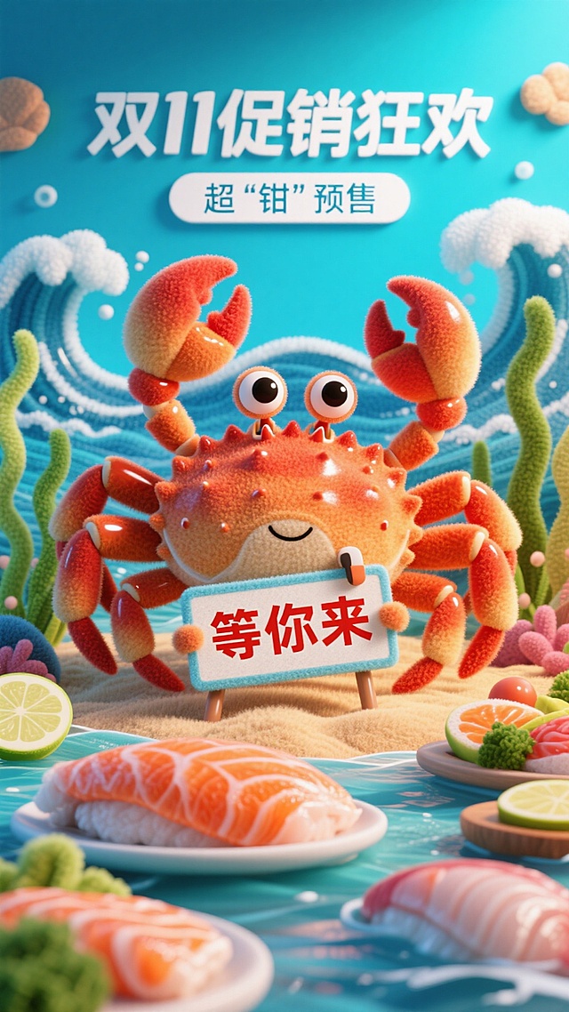 以卡通帝王蟹形象为核心，搭配生鲜美食，背景墙有海浪、海草元素，钳子夹着牌子上面写“等你来”，背景墙上有文字“双11促销狂欢”，下面有设计感字体“超“钳”预售”