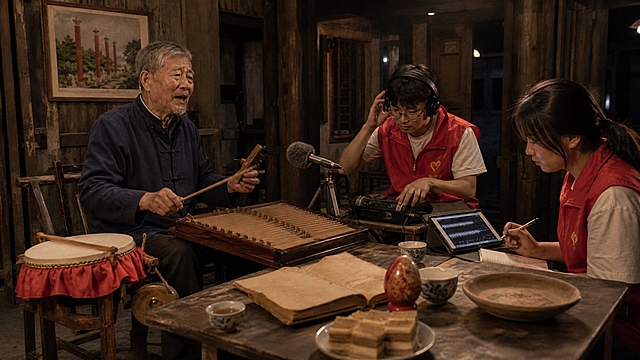 写实纪实摄影，夜晚，浙江平阳一座老宅堂屋，一盏暖黄灯泡亮着。中景镜头：一位头发花白、留着短须的老艺人端坐老式木椅，上身穿藏青色盘扣唐装，下配深色长裤；他面前的矮桌上平放着一架牛筋琴——扁方形的木质琴体，形似小型扬琴，琴面横列着整齐的细弦，弦下有两排低矮琴码，漆面温润；老人右前方的矮凳上放一只扁圆形小鼓，鼓前围着红缎围幔，凳脚系半月形竹梆，凳脚旁挂一面小堂锣；老人左手执竹制拍板，右手持细长竹签，敲击琴弦与鼓面，开口演唱，眉头微蹙又舒展，神情投入；对面，两位穿红色志愿者马甲的大学生相对而坐，中间架着带海绵罩的收音话筒和一台录音机；扎低马尾的女生低头看平板上的音轨波形（屏幕无字），握笔记录；戴耳机的男生一手扶耳机、一手轻调录音旋钮；老屋背景是深色木梁、斑驳木板墙，墙上一幅装裱的平阳蛋画作品，画面上画着一排红色立柱；桌面摊着一本泛黄的鼓词唱本（内页无字），唱本旁放着一枚绘有金色纹样的红色彩蛋（平阳蛋画）和一只粗陶盘，盘里盛着几块层叠的九层糕，旁边还有几只茶杯。暖黄灯光，写实纪实摄影，轻微噪点，画面中不出现任何文字，参考图的写实纪实摄影风格、人物质感、暖调光影和乡村老屋氛围