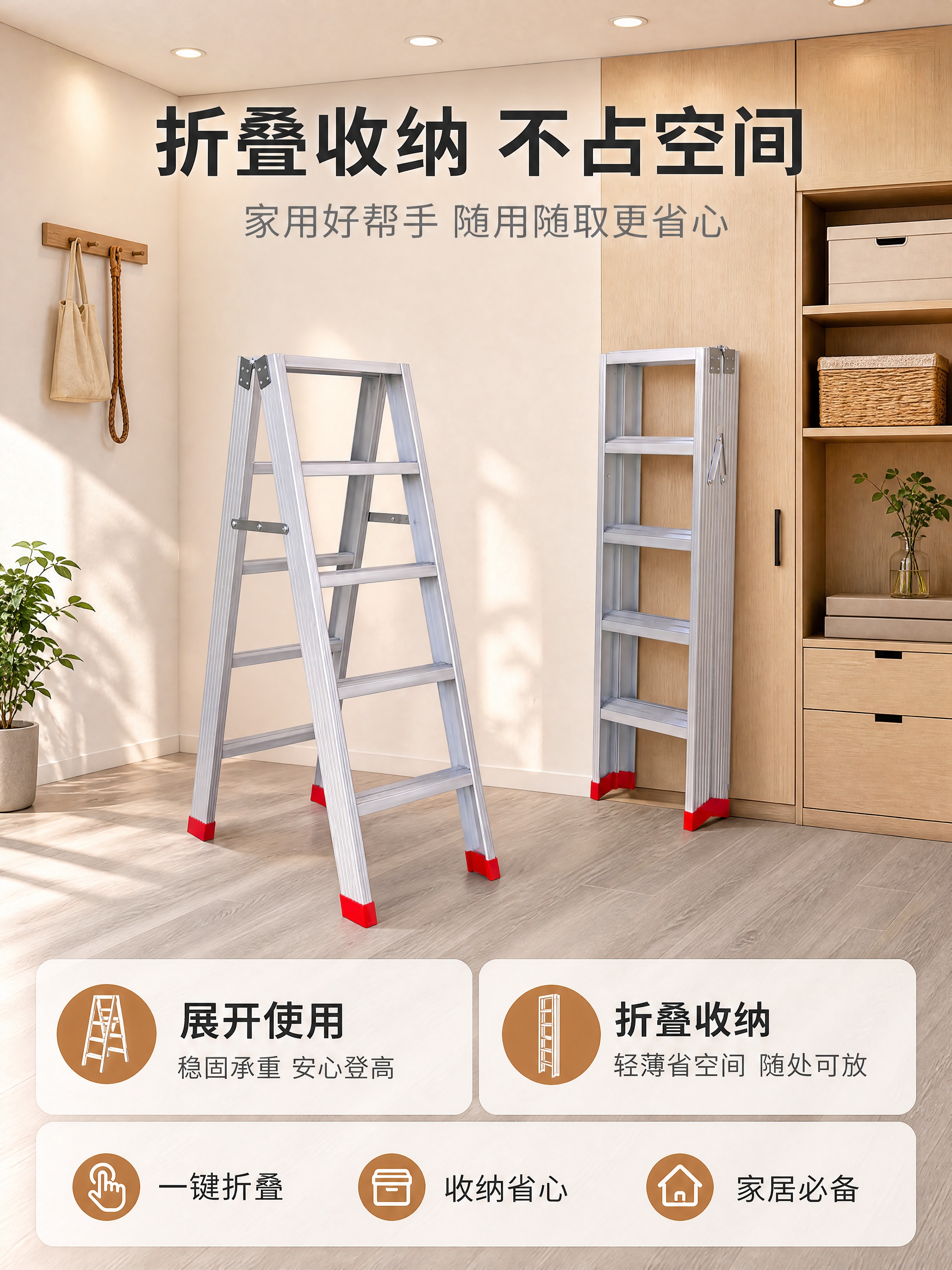铝合金人字梯详情内页-折叠收纳与展开对比展示页，本屏使用【图1… - 图片创意预览