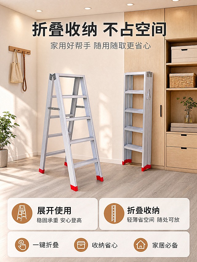 铝合金人字梯详情内页-折叠收纳与展开对比展示页，本屏使用【图1】作为商品主体。

【产品保真】铝合金人字梯100%还原上传商品图的产品外形、结构、比例、材质质感、颜色与红色防滑脚垫，以上传图为唯一商品主体来源，完整保留原图中展开状态与折叠收纳状态两款梯子的造型、踏步结构、铰链连接件、铝合金银灰色金属质感与红色脚垫；设计仅作用于背景、光影、道具、版式和文字区；商品主体占比约65%，文字不遮挡主体。

【本屏功能】展示梯子展开使用与折叠收纳两种形态对比，突出折叠收纳节省空间的核心优势。

【氛围/风格】现代简约家居风，温馨居家储物间场景，专业商业摄影质感，干净整洁有生活感。

【背景替换】将原瓷砖墙面背景替换为温馨居家储物间/衣帽间场景：右侧为浅木色定制收纳柜，柜上摆放简约收纳盒与装饰摆件；左侧墙面为米白色乳胶漆墙面，墙上挂有简约挂钩与装饰画；地面为浅灰色木纹地板；顶部有暖光嵌入式筒灯照明；角落处点缀少量绿植增添生机。整体背景温馨整洁，突出梯子收纳后不占空间、融入家居的特点。

【元素布局】展开状态梯子位于画面左侧偏中心，折叠收纳状态梯子靠在右侧收纳柜旁墙边，两者形成鲜明对比；上方留出标题区，底部有信息说明条。左侧展开梯展示使用形态，右侧折叠梯展示收纳形态，直观呈现收纳前后体积差异与家居融合感。

【光影质感】暖光从顶部筒灯均匀洒下，配合左侧自然光，形成柔和自然的光影效果；铝合金表面保留清晰金属高光与拉丝纹理，整体明暗层次分明，产品清晰突出有质感，氛围温馨舒适。

【配色色系】全局底色为暖米白色调；主色为铝合金银灰色，辅助色为红色防滑点缀、浅木色收纳柜、深灰色文字。

【视角构图】正面平视视角，两款梯子左右分布形成对比，阅读动线从上到下：顶部标题 → 中部双产品对比 → 底部卖点说明。

【文字版式】顶部主副标题居中排版，主标题「折叠收纳 不占空间」，副标题「家用好帮手 随用随取更省心」，主标题加粗醒目大号字体，副标题浅灰色辅助说明。底部信息区分左右两栏，左侧标注「展开使用」配文字「稳固承重 安心登高」，右侧标注「折叠收纳」配文字「轻薄省空间 随处可放」；底部再加三个卖点标签：「一键折叠 收纳省心 家居必备」。文字清晰易读，手机端可辨，不遮挡产品主体。

【内容填充约束】画面中所有信息区域、卖点卡片、标签区必须填充完整合理的内容，不得出现空白框、空白占位、横线待填写区域、空列表项、空单元格；确保是完整可用的成品详情页而非待填写模板。

【比例分辨率】3:4竖版比例，4K分辨率，文字清晰可辨，高清画质。

【负向提示词】产品变形，缺件错件，颜色偏差，文字错乱，文字过小，水印，平台Logo，背景杂乱，结构错误