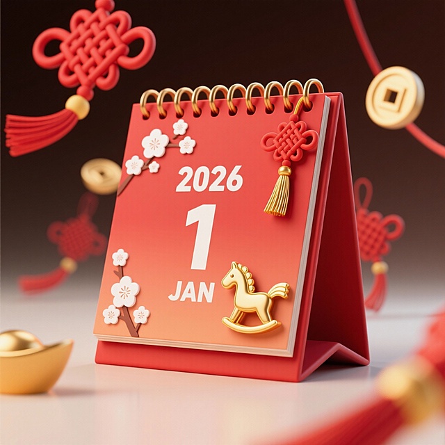 3D重拟物风格，中式喜庆元素融合鎏金马饰与红绳结，金属质感搭配梅花点缀，营造2026新年浓厚节日氛围。