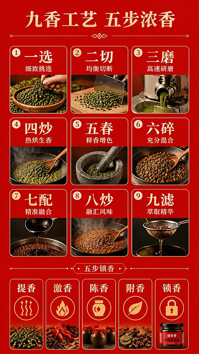 [第4屏] 工艺解析屏，倍珍香藤椒风味酱制作工艺展示。
[氛围/风格] 专业工艺展示，红色简约商业风，清晰专业的视觉风格。
[元素布局] 顶部主标题，下方九宫格排列九道工艺步骤，每个步骤独立圆角红框，底部五步锁香区域五块排列，整体信息排版均匀不拥挤，留白舒适。
[光影质感] 均匀布光，每个工艺模块清晰，无暗角，文字清晰可读。
[配色色系] 全局底色 #dd1818，主色红色，辅助色浅黄色框、白色文字。
[视角构图] 正面满版排版，从上到下分两区布局，阅读流畅。
[文字版式] 主标题「九香工艺 五步浓香」，上方九个工艺依次为：一选 细致挑选，二切 均衡切断，三磨 高速研磨，四炒 热烘生香，五舂 释香增色，六碎 充分混合，七配 精准融合，八炒 融汇风味，九滤 萃取精华；下方五步锁香：提香、激香、陈香、附香、锁香。文字大小适中，每个模块文字居中排版，清晰易读。
[比例分辨率] 9:16 竖版比例，宽度 1080，高度 1920，4K 分辨率，文字清晰可辨，高清画质。
[负向提示词] 文字错乱，布局混乱，颜色偏差，水印，背景杂乱