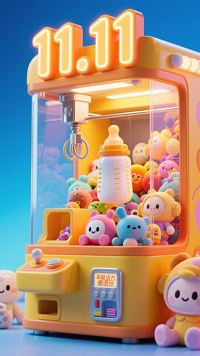 主视觉为一台超大型抓娃娃机，机身上有“11.11”灯牌，抓娃娃机内有奶嘴、奶瓶、玩具、玩偶等可爱元素，促销感氛围，黄橙活泼氛围配色，蓝色渐变背景。