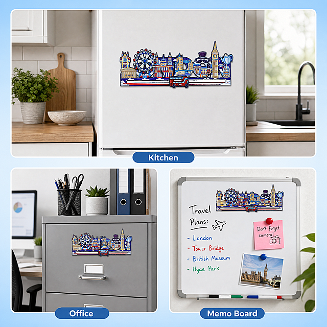 Collage image showing multiple uses of London fridge magnet in different home settings. Three panel layout: top panel shows magnet on white refrigerator in modern kitchen, bottom left shows magnet on office filing cabinet with stationery, bottom right shows magnet on magnetic whiteboard with travel notes. The LONDON skyline magnet with Big Ben, London Eye, Tower Bridge and red bus appears in each scene. Light blue gradient background connecting all panels. Small text labels under each panel: "Kitchen", "Office", "Memo Board". Clean modern infographic style, consistent lighting across all scenes, product clearly visible in each setting. 1:1 square format, high quality composite image.