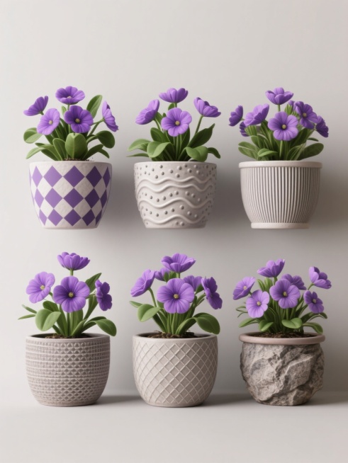 六个不同纹理花盆的紫色花朵集合，每个花盆中都有相同的紫色花朵和绿色叶子，花盆纹理分别为：几何菱形纹、波浪曲线纹、点状凸起纹、竖条纹肌理、网格交错纹、自然岩石纹，所有花盆整齐排列在纯色背景上，保持照片级写实风格，光影自然，色彩鲜明，整体构图规整对称，突出花卉与不同花盆纹理的细节对比。预览效果