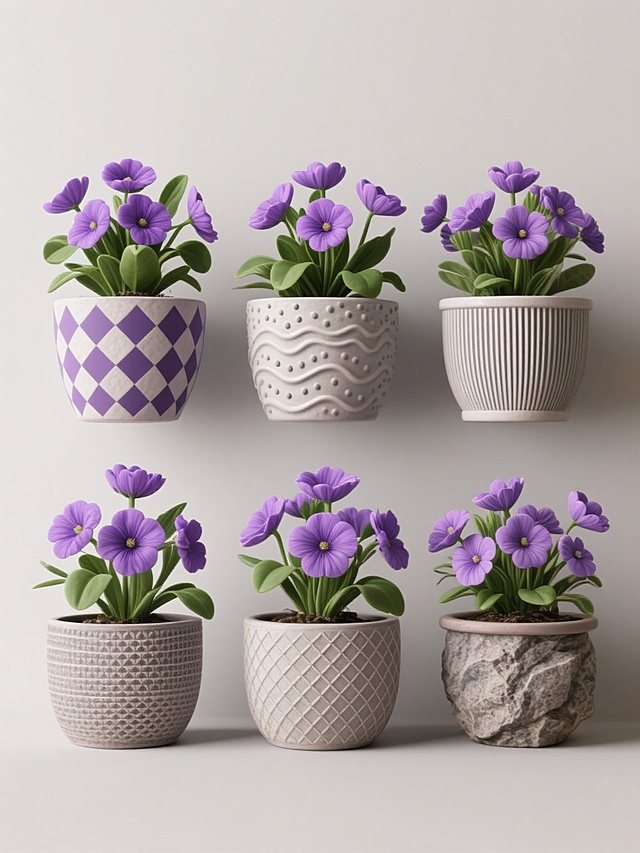 六个不同纹理花盆的紫色花朵集合，每个花盆中都有相同的紫色花朵和绿色叶子，花盆纹理分别为：几何菱形纹、波浪曲线纹、点状凸起纹、竖条纹肌理、网格交错纹、自然岩石纹，所有花盆整齐排列在纯色背景上，保持照片级写实风格，光影自然，色彩鲜明，整体构图规整对称，突出花卉与不同花盆纹理的细节对比。